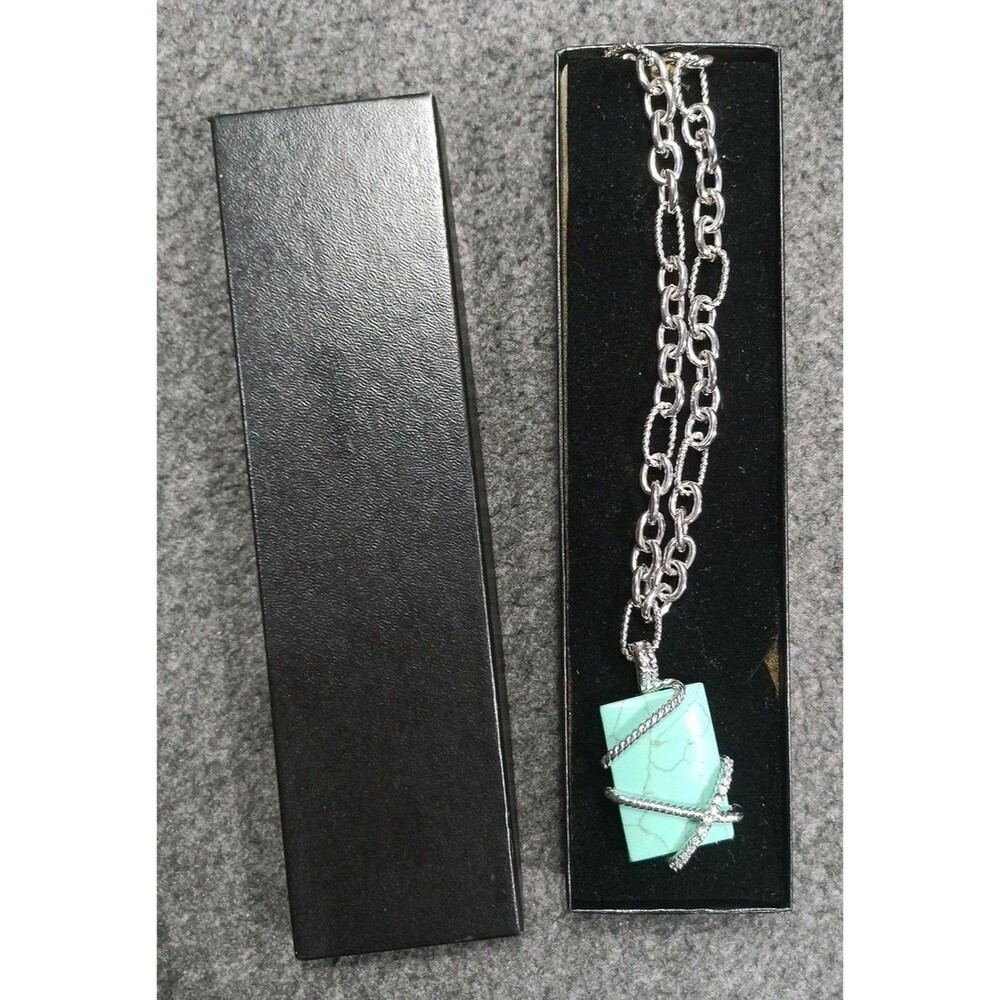 Wrapped Turquoise Marble Rectangular Pendant Silv… - image 7